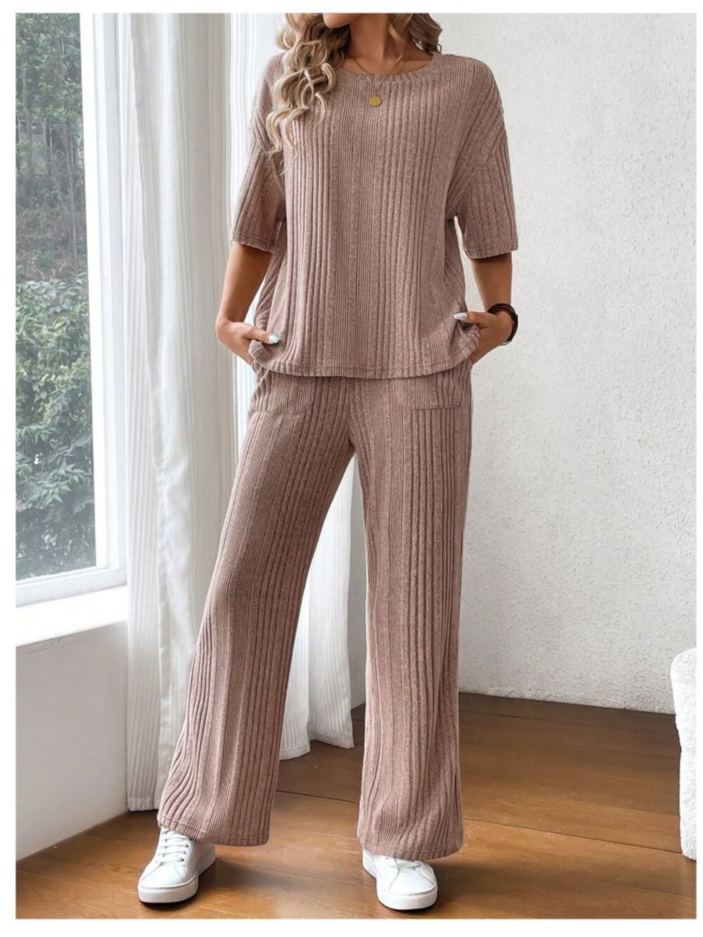 Apricot Ribbed Lounge Set Wide Leg Pants Size Large - Picture 6 of 7